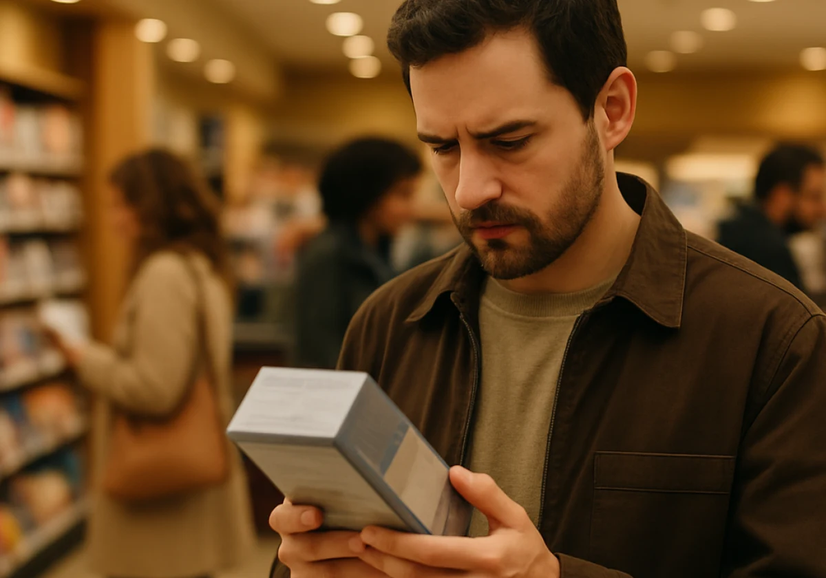 Customer in a retail store holding a product box and studying