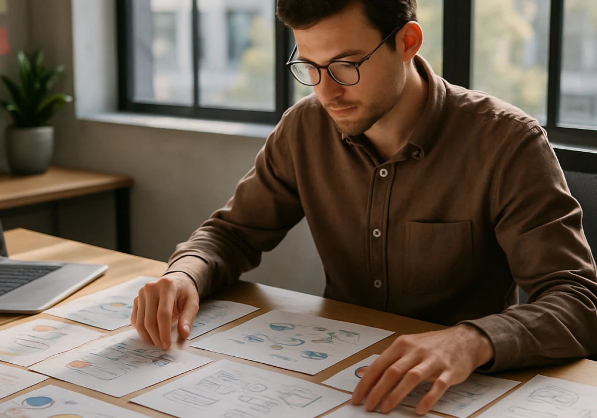 Marketing professional at a desk surrounded by printed strategy